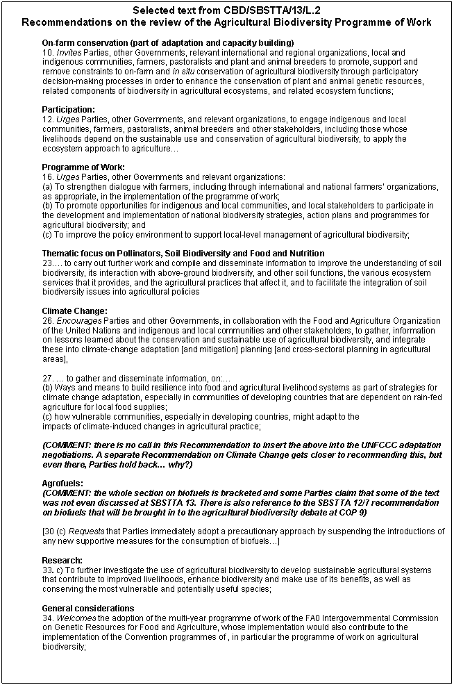 Text Box: Selected text from CBD/SBSTTA/13/L.2   Recommendations on the review of the Agricultural Biodiversity Programme of Work    On-farm conservation (part of adaptation and capacity building)  10. Invites Parties, other Governments, relevant international and regional organizations, local and indigenous communities, farmers, pastoralists and plant and animal breeders to promote, support and remove constraints to on-farm and in situ conservation of agricultural biodiversity through participatory decision-making processes in order to enhance the conservation of plant and animal genetic resources, related components of biodiversity in agricultural ecosystems, and related ecosystem functions;    Participation:  12. Urges Parties, other Governments, and relevant organizations, to engage indigenous and local communities, farmers, pastoralists, animal breeders and other stakeholders, including those whose livelihoods depend on the sustainable use and conservation of agricultural biodiversity, to apply the ecosystem approach to agriculture    Programme of Work:  16. Urges Parties, other Governments and relevant organizations:  (a) To strengthen dialogue with farmers, including through international and national farmers' organizations, as appropriate, in the implementation of the programme of work;  (b) To promote opportunities for indigenous and local communities, and local stakeholders to participate in the development and implementation of national biodiversity strategies, action plans and programmes for agricultural biodiversity; and  (c) To improve the policy environment to support local-level management of agricultural biodiversity;    Thematic focus on Pollinators, Soil Biodiversity and Food and Nutrition  23. to carry out further work and compile and disseminate information to improve the understanding of soil biodiversity, its interaction with above-ground biodiversity, and other soil functions, the various ecosystem services that it provides, and the agricultural practices that affect it, and to facilitate the integration of soil biodiversity issues into agricultural policies     Climate Change:  26. Encourages Parties and other Governments, in collaboration with the Food and Agriculture Organization of the United Nations and indigenous and local communities and other stakeholders, to gather, information on lessons learned about the conservation and sustainable use of agricultural biodiversity, and integrate these into climate-change adaptation [and mitigation] planning [and cross-sectoral planning in agricultural areas],    27.  to gather and disseminate information, on:  (b) Ways and means to build resilience into food and agricultural livelihood systems as part of strategies for climate change adaptation, especially in communities of developing countries that are dependent on rain-fed agriculture for local food supplies;   (c) how vulnerable communities, especially in developing countries, might adapt to the  impacts of climate-induced changes in agricultural practice;    (COMMENT: there is no call in this Recommendation to insert the above into the UNFCCC adaptation negotiations. A separate Recommendation on Climate Change gets closer to recommending this, but even there, Parties hold back why?)    Agrofuels:  (COMMENT: the whole section on biofuels is bracketed and some Parties claim that some of the text was not even discussed at SBSTTA 13. There is also reference to the SBSTTA 12/7 recommendation on biofuels that will be brought in to the agricultural biodiversity debate at COP 9)    [30 (c) Requests that Parties immediately adopt a precautionary approach by suspending the introductions of any new supportive measures for the consumption of biofuels]    Research:  33. c) To further investigate the use of agricultural biodiversity to develop sustainable agricultural systems that contribute to improved livelihoods, enhance biodiversity and make use of its benefits, as well as conserving the most vulnerable and potentially useful species;    General considerations  34. Welcomes the adoption of the multi-year programme of work of the FA0 Intergovernmental Commission on Genetic Resources for Food and Agriculture, whose implementation would also contribute to the implementation of the Convention programmes of , in particular the programme of work on agricultural biodiversity;     